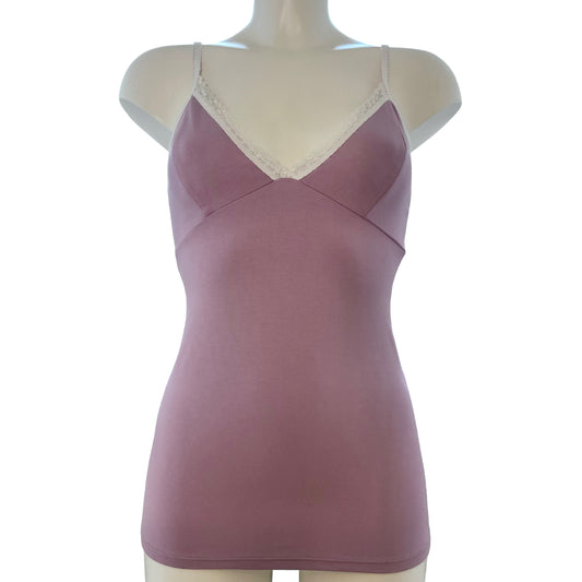 Bamboo Jersey Strappy Cami Top With Cups - Mauve & Ivory