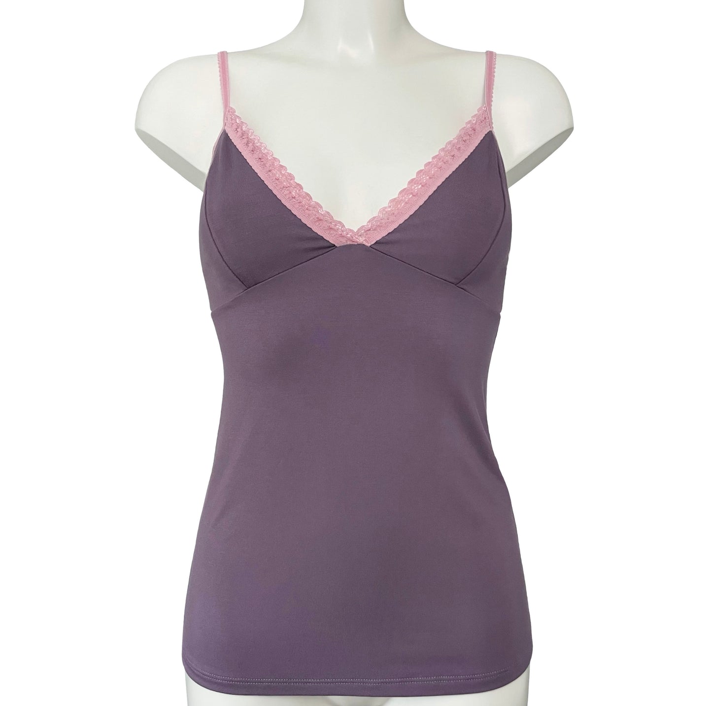 Bamboo Jersey Strappy Cami Top With Cups - Grape & Vintage Rose
