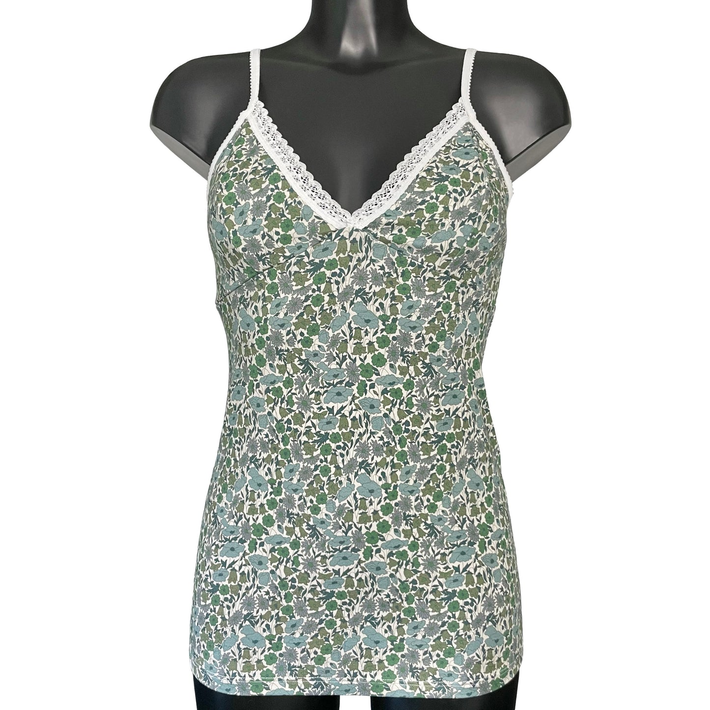 Liberty Print Bamboo Jersey Strappy Cami Top With Cups - Verdant Whisper